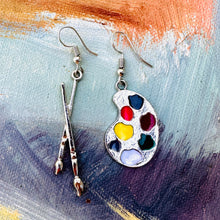 Load image into Gallery viewer, Paintbrush and Palette Earrings in Silver
