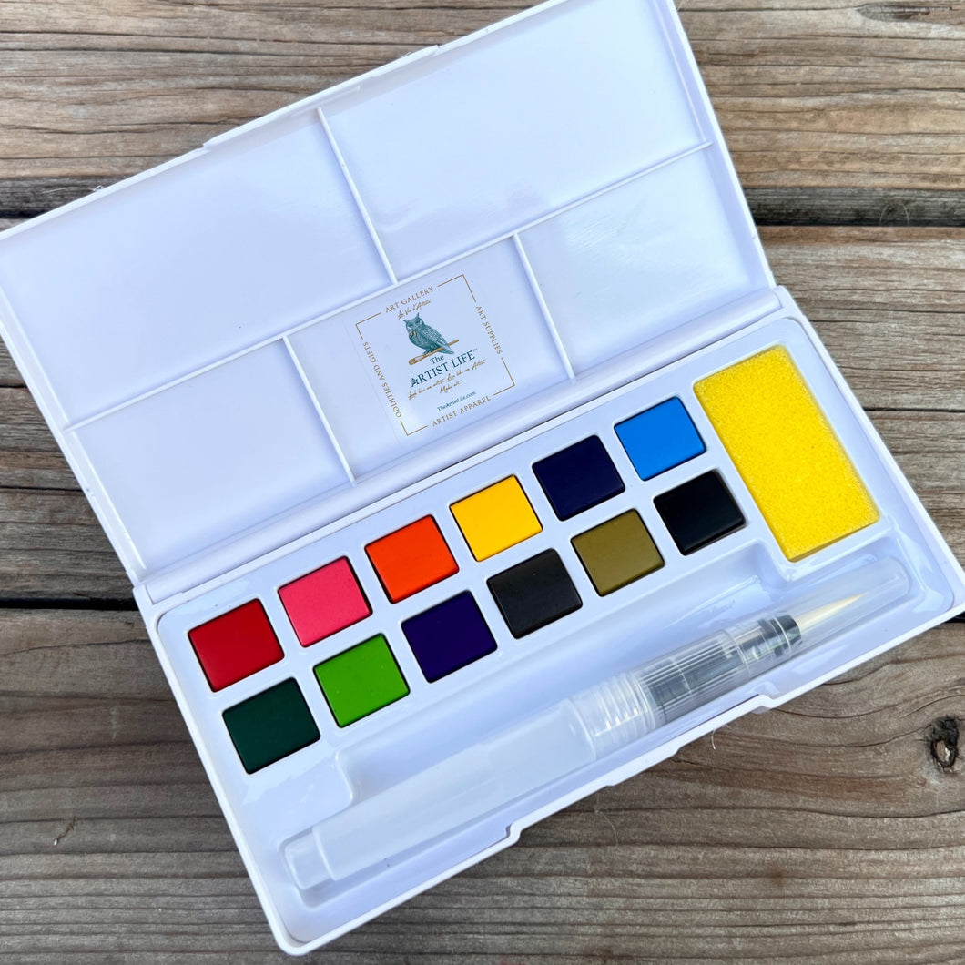 12 Solid Watercolor Set with Waterbrush
